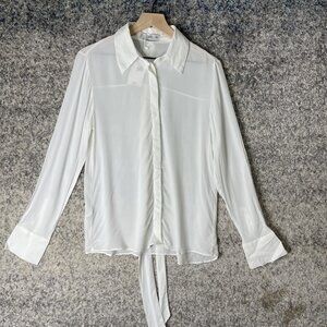 Mango‎ Shirt Womens Medium White Valentin Tie Neck Long Sleeve Button Up Blouse